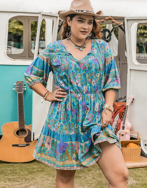 Load image into Gallery viewer, Plus Size Printed Tie Neck Mini Dress
