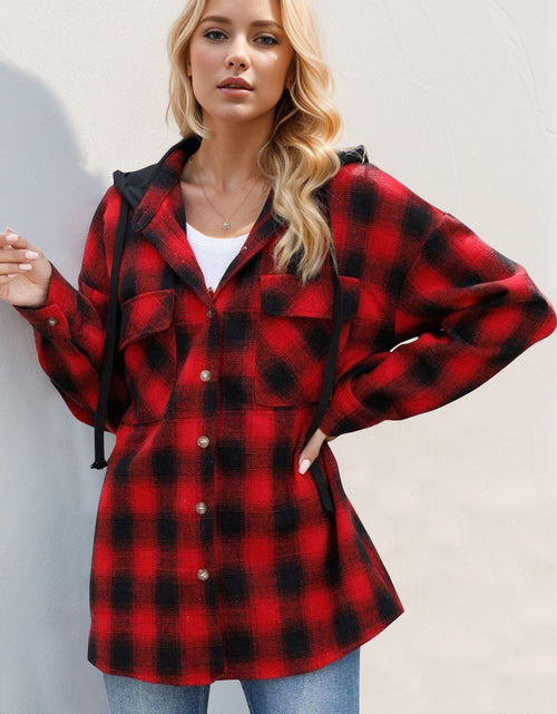 Load image into Gallery viewer, Double Take Drawstring Plaid Long Sleeve Hooded Shacket
