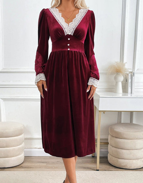 Load image into Gallery viewer, Perfee Lace Detail V-Neck Long Sleeve Midi Dress
