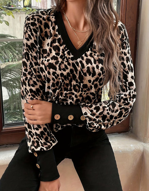 Load image into Gallery viewer, Decorative Button Leopard V-Neck Long Sleeve T-Shirt
