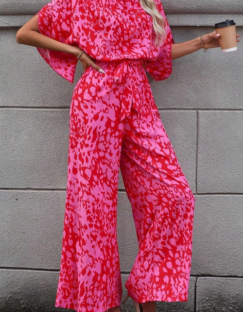 Load image into Gallery viewer, Leopard Belted Wide Leg Jumpsuit
