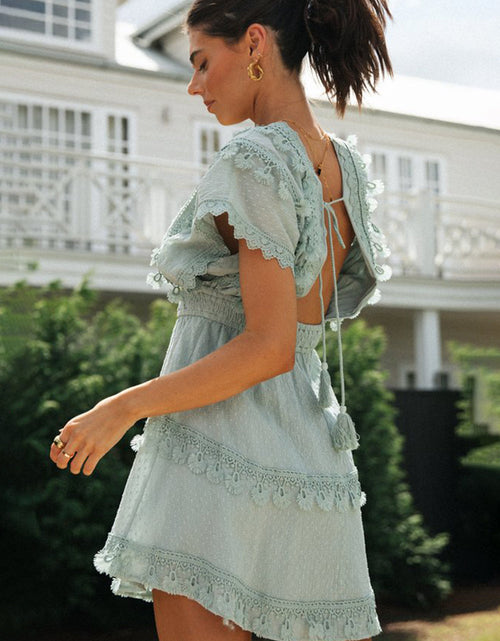 Load image into Gallery viewer, Lace Detail Plunge Short Sleeve Mini Dress
