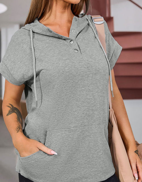 Load image into Gallery viewer, Drawstring Quarter Snap Cap Sleeve Hoodie
