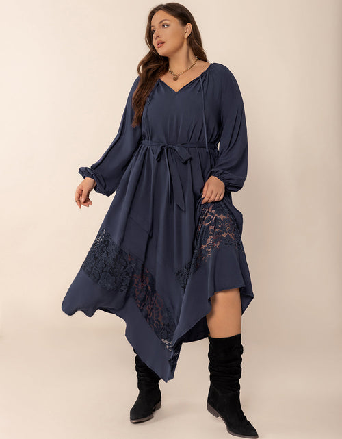 Load image into Gallery viewer, Plus Size Lace Detail Tie Neck Long Sleeve Midi Dress
