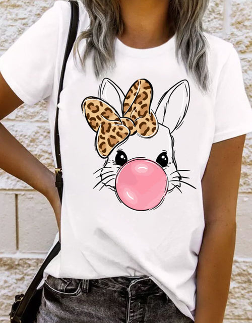 Load image into Gallery viewer, Leopard Bow Rabbit Graphic Round Neck Short Sleeve T-Shirt
