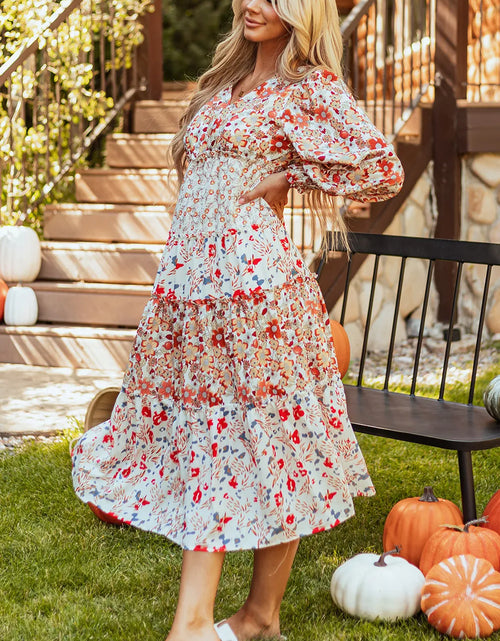 Load image into Gallery viewer, Full Size Printed V-Neck Lantern Sleeve Midi Dress
