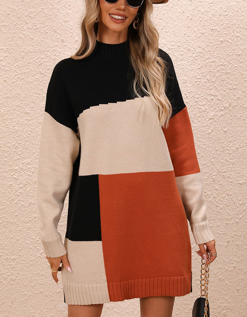 Load image into Gallery viewer, Color Block Mock Neck Dropped Shoulder Sweater Dress
