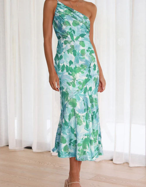 Load image into Gallery viewer, Ruched Printed Single Shoulder Midi Dress
