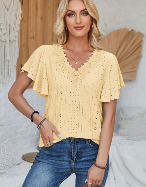 Load image into Gallery viewer, Eyelet Applique V-Neck Cap Sleeve T-Shirt
