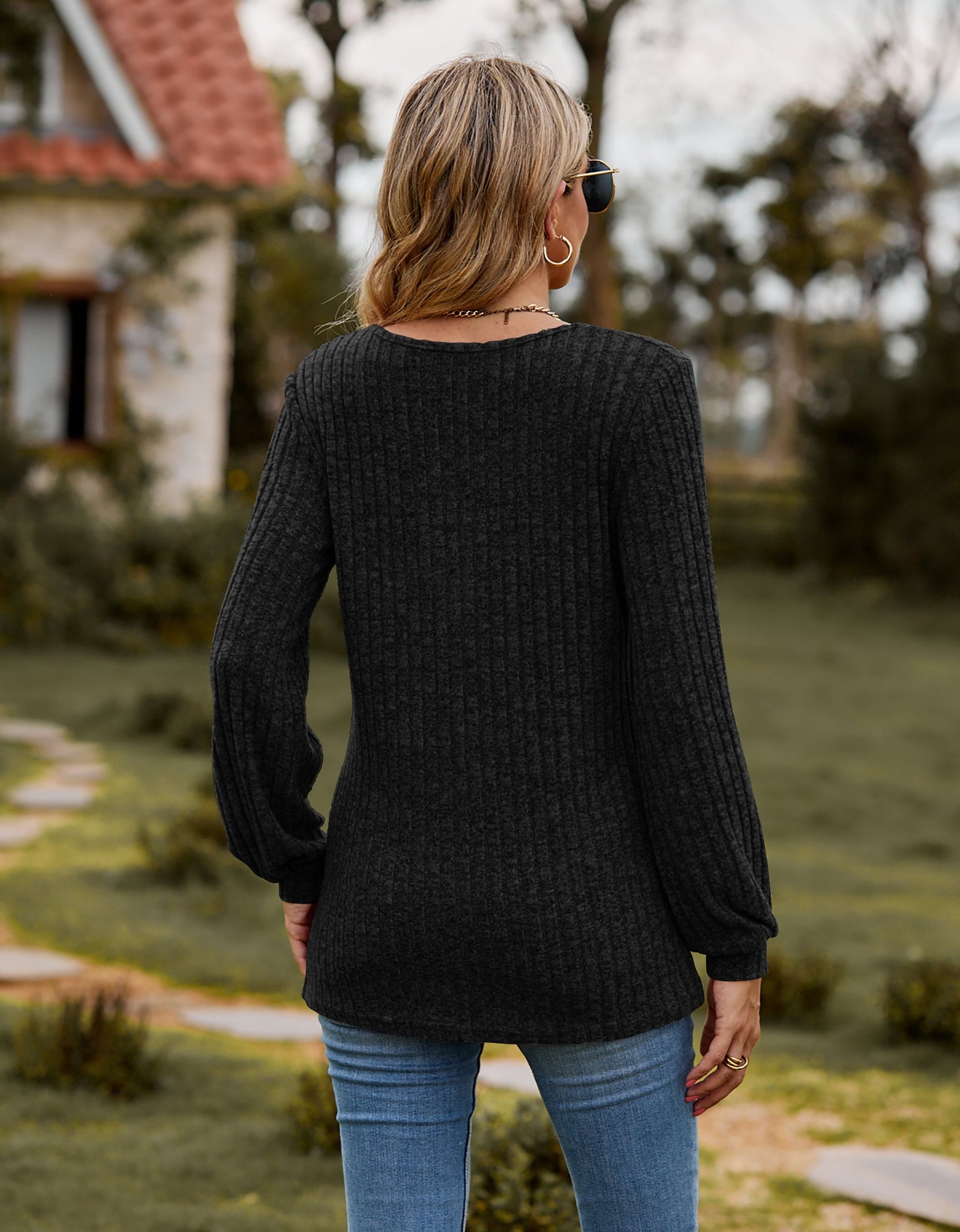 Round Neck Button-Down Long Sleeve Tee