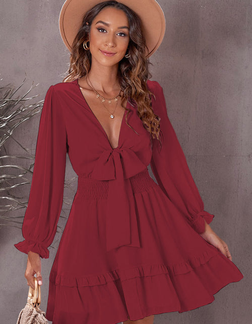 Load image into Gallery viewer, Tied Plunge Smocked Waist Flounce Sleeve Dress
