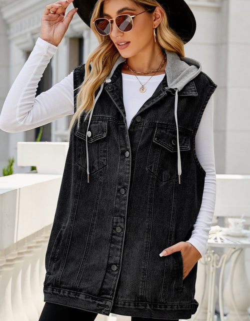 Load image into Gallery viewer, Drawstring Pocketed Button Up Sleeveless Denim Jacket

