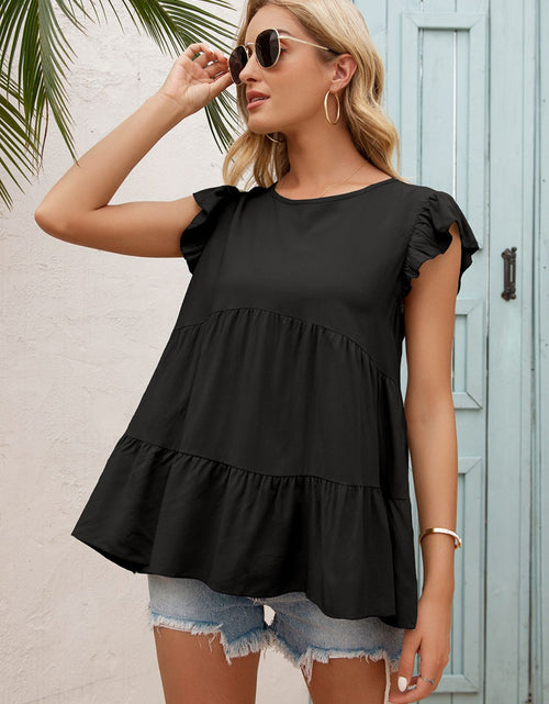 Load image into Gallery viewer, Ivy Lane Round Neck Flutter Sleeve Tiered Blouse
