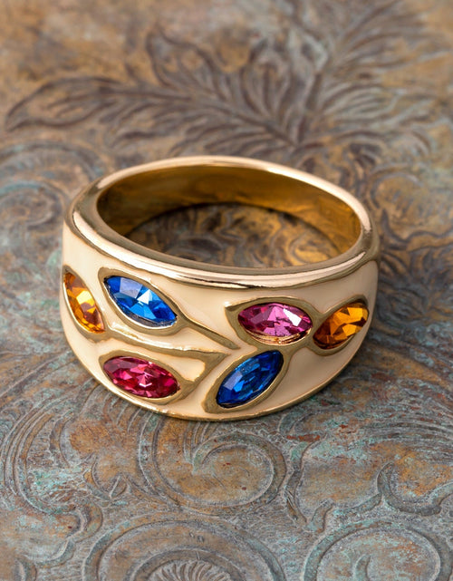 Load image into Gallery viewer, Vintage 1980's Black Enamel Ring with Clear Austrian Crystals Leaf Motif 18k Gold Plated by PVD Vintage Jewelry
