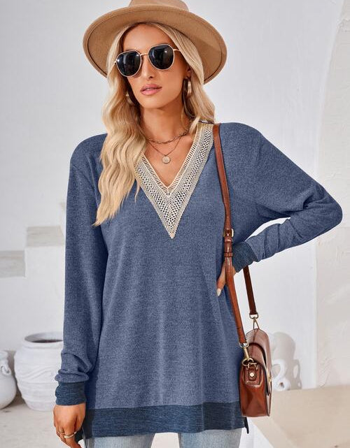 Load image into Gallery viewer, Crochet Contrast V-Neck Long Sleeve Slit T-Shirt
