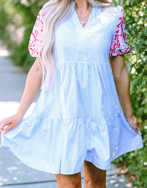 Load image into Gallery viewer, Stripe Contrast Floral Puff Sleeve Tiered Ruffle Dress by Poppy Lee Lane
