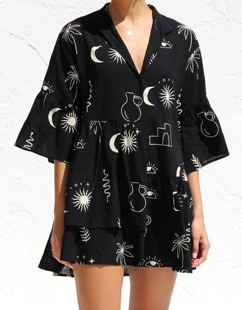 Load image into Gallery viewer, Ruched Printed Three-Quarter Sleeve Mini Dress
