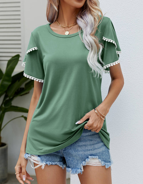 Load image into Gallery viewer, Pom-Pom Trim Flutter Sleeve Round Neck Tee
