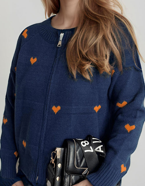 Load image into Gallery viewer, Heart Round Neck Zip Up Cardigan
