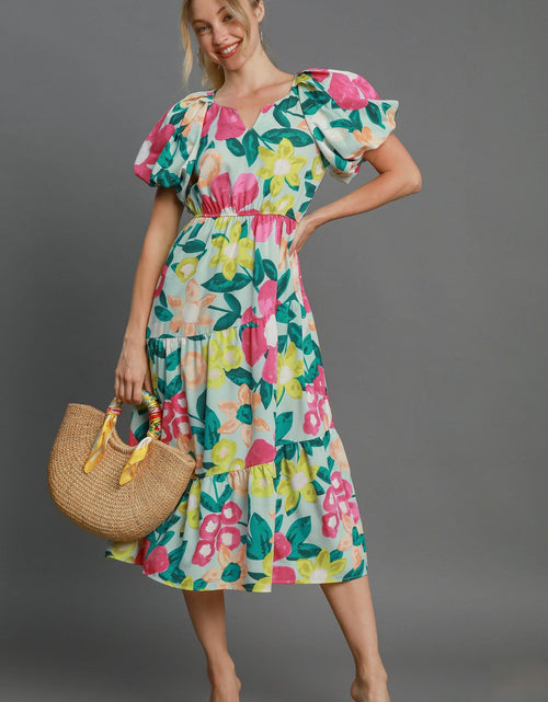 Load image into Gallery viewer, Umgee Full Size Tiered Floral Print Notched Puff Sleeve Midi Dress Plus Size
