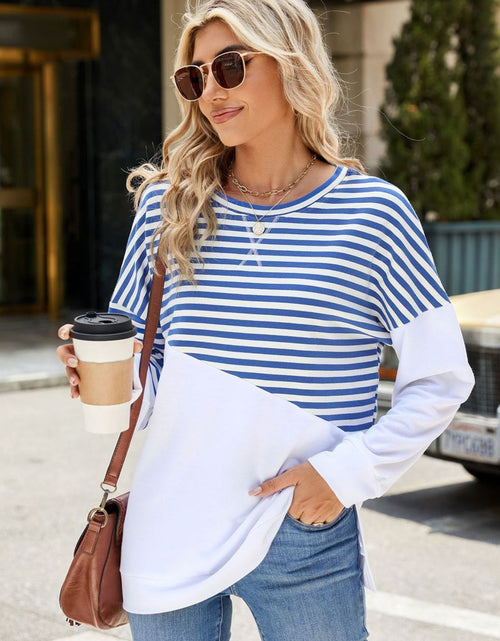 Load image into Gallery viewer, Slit Contrast Striped Long Sleeve Sweatshirt
