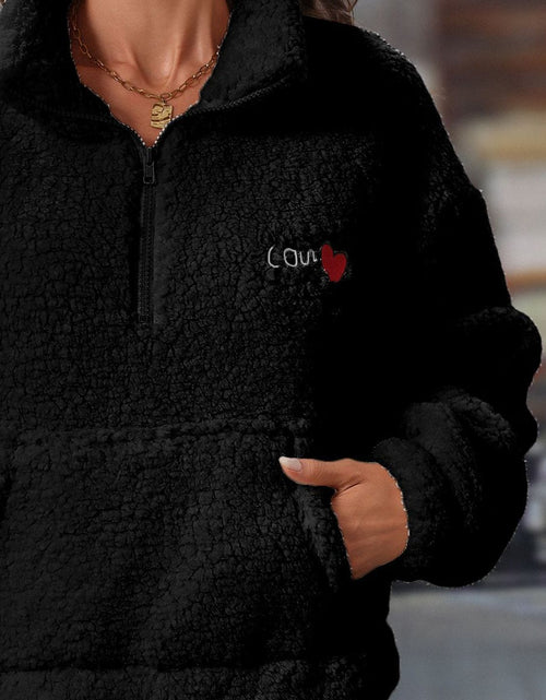 Load image into Gallery viewer, Heart Half Zip Long Sleeve Teddy Sweatshirt
