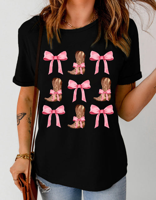 Load image into Gallery viewer, Bow &amp; Boot Graphic Round Neck Short Sleeve T-Shirt
