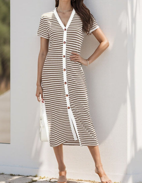 Load image into Gallery viewer, Contrast Striped V-Neck Short Sleeve Midi Dress
