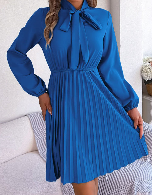 Load image into Gallery viewer, Tie Neck Balloon Sleeve Pleated Dress
