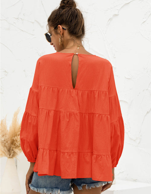 Load image into Gallery viewer, Round Neck Bubble Sleeve Tiered Blouse
