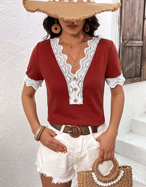 Load image into Gallery viewer, Ivy Lane Decorative Button Spliced Lace Short Sleeve Top
