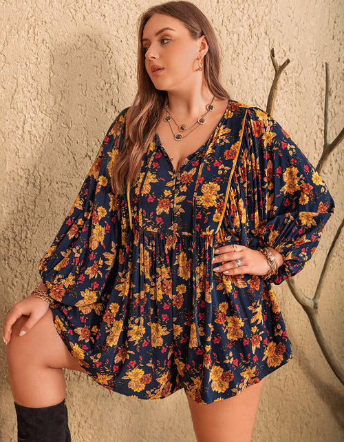 Load image into Gallery viewer, Plus Size Floral Tie Neck Balloon Sleeve Romper
