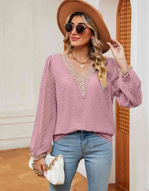 Load image into Gallery viewer, Swiss Dot Contrast V-Neck Blouse
