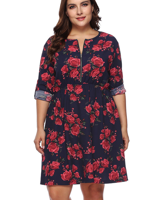 Load image into Gallery viewer, Plus Size Floral Print Half Zip Up Dress
