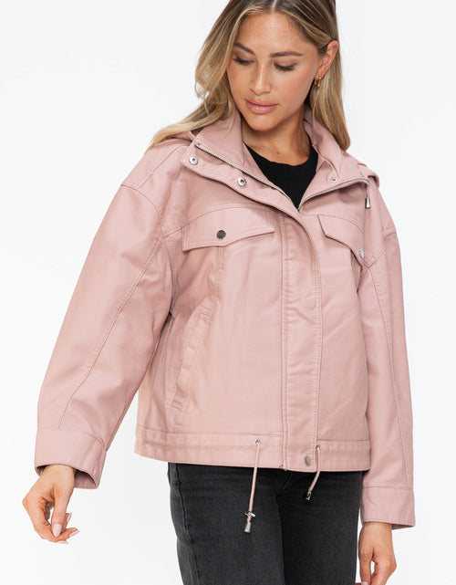Load image into Gallery viewer, How Dare U Drawstring Hem PU Leather Zip Up Jacket
