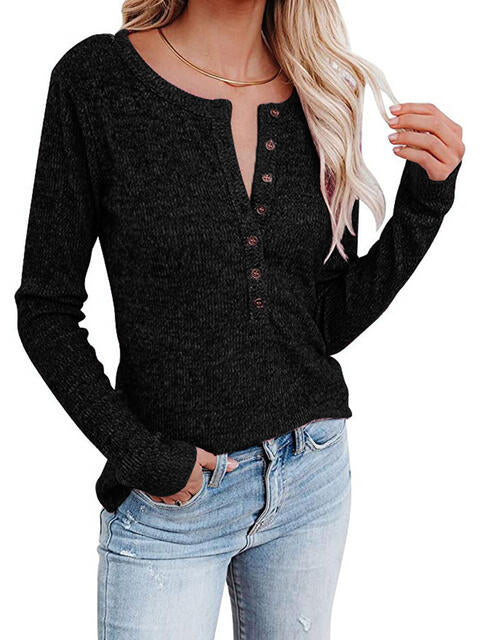 Load image into Gallery viewer, Round Neck Buttoned Long Sleeve T-Shirt
