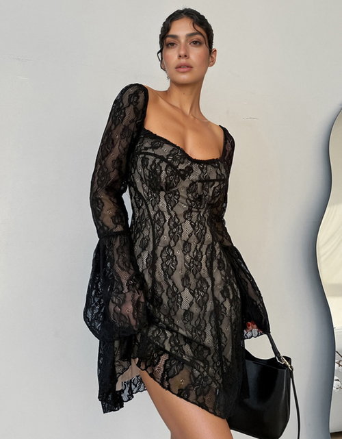 Load image into Gallery viewer, Lace Sweetheart Neck Flare Sleeve Mini Dress
