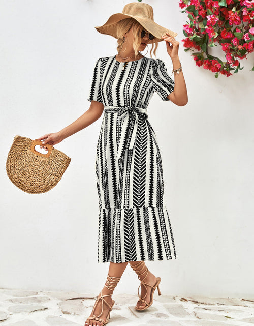 Load image into Gallery viewer, Striped Tie Belt Round Neck Puff Sleeve Dress
