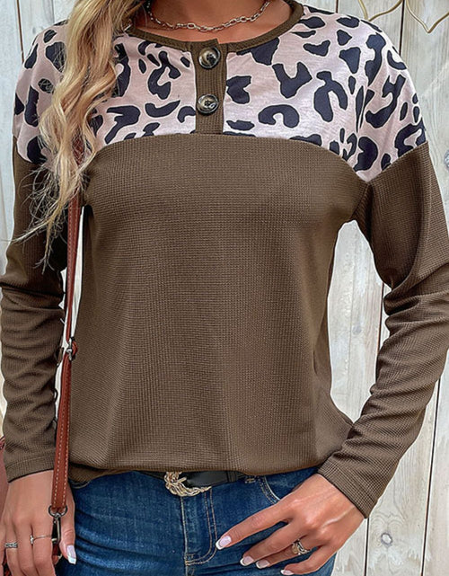 Load image into Gallery viewer, Perfee Leopard Buttoned Round Neck Drop Shoulder Top
