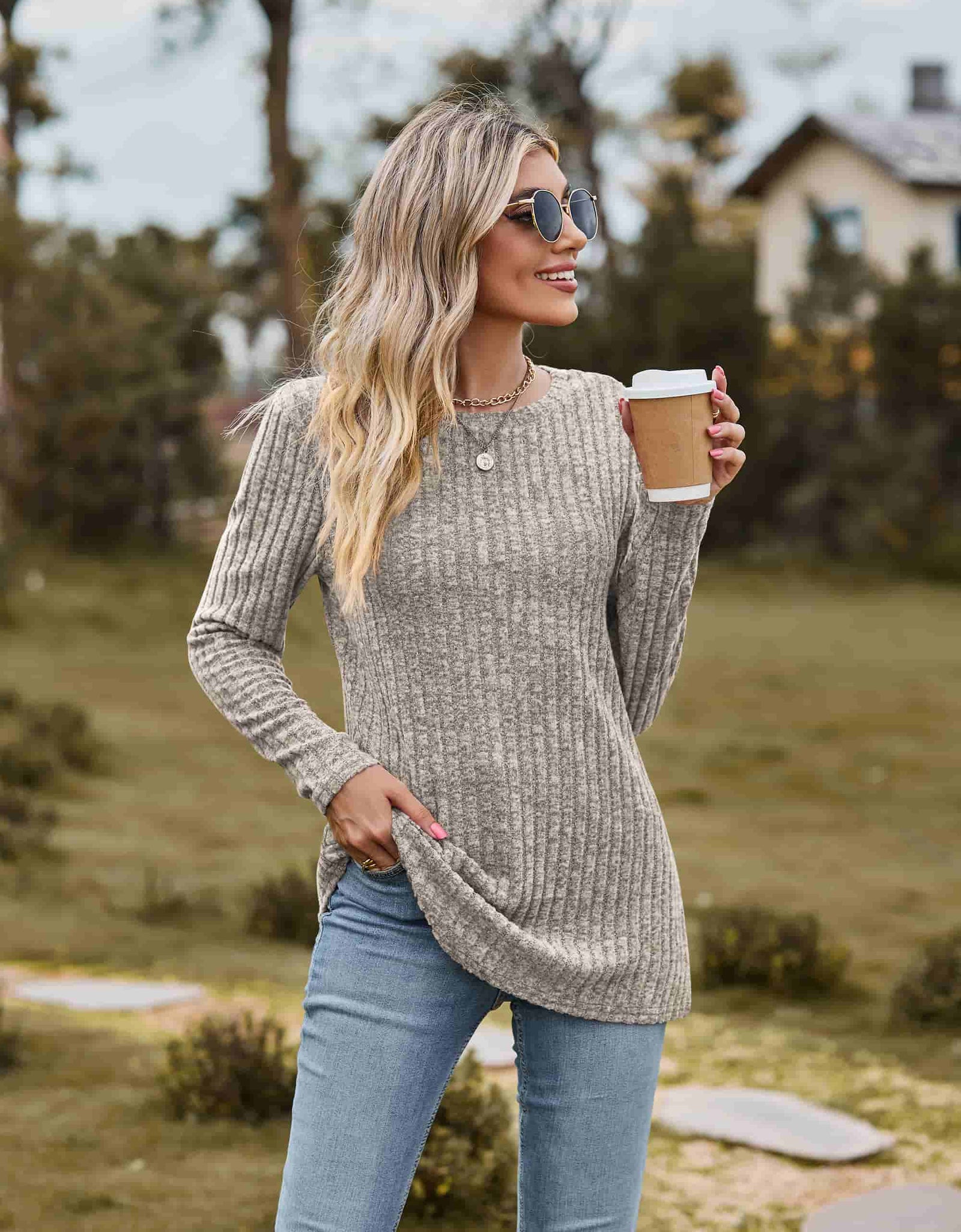 Ribbed Round Neck Long Sleeve Tee