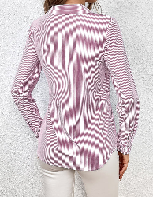 Load image into Gallery viewer, Ivy Lane Bow Tie Waist Johnny Collar Neck Striped Blouse

