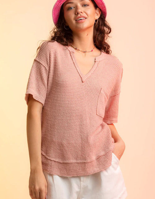Load image into Gallery viewer, Waffle-Knit Notched Half Sleeve T-Shirt
