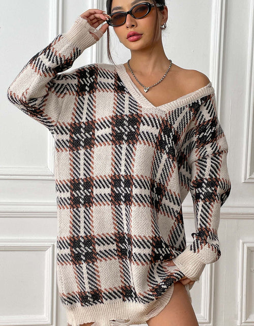Load image into Gallery viewer, Plaid V-Neck Long Sleeve Sweater Dress

