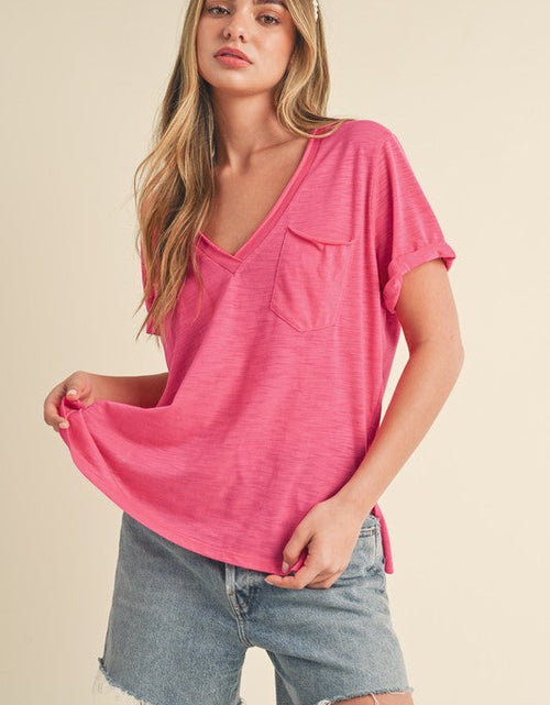 Load image into Gallery viewer, Aemi + Co Side Slit V-Neck Short Rolled Sleeve T-Shirt
