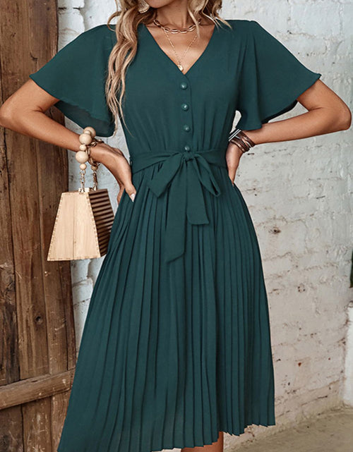Load image into Gallery viewer, Perfee Buttoned V-Neck Flutter Sleeve Pleated Dress
