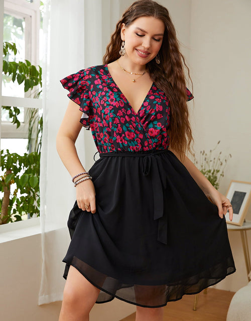 Load image into Gallery viewer, Honey Plus Size Floral Surplice Neck Flutter Sleeve Dress
