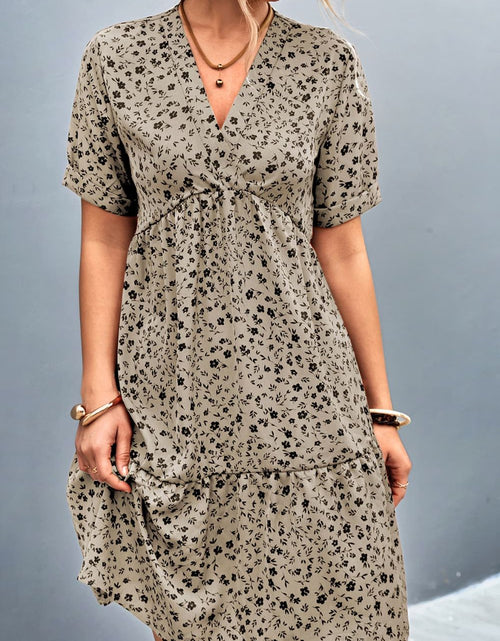 Load image into Gallery viewer, Ditsy Floral Empire Waist Plunge Short Sleeve Dress

