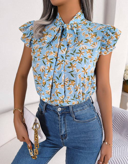 Load image into Gallery viewer, Floral Tie Neck Flutter Sleeve Blouse
