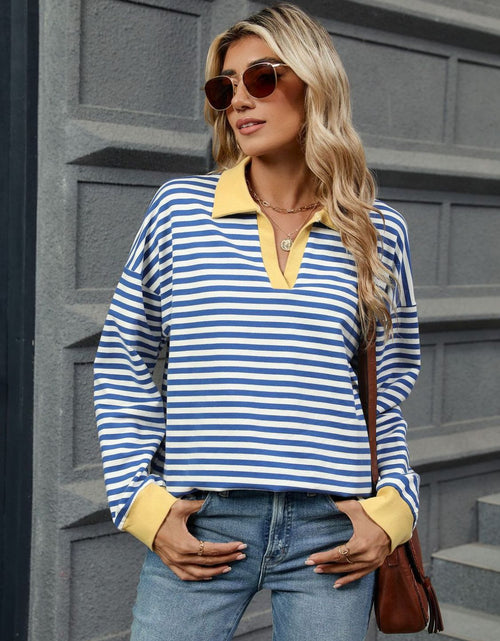 Load image into Gallery viewer, Striped Johnny Collar Long Sleeve Sweatshirt
