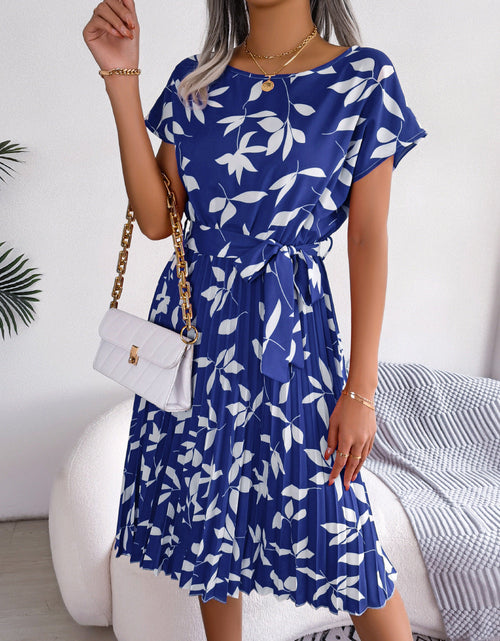 Load image into Gallery viewer, Printed Round Neck Short Sleeve Pleated Dress
